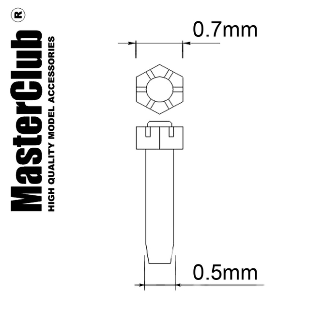 Корончатая гайка, диаметр головки - 0.7mm; диаметр отверстия для монтажа-0.5mm; 140 шт.